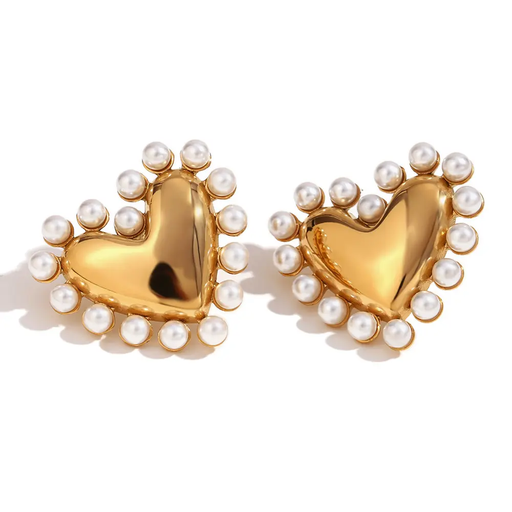 Aretes de corazón con borde de Perlas 316L